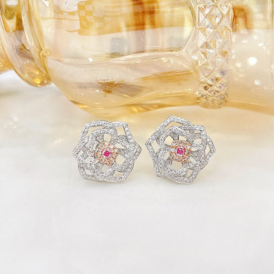 Vintage 18K Solid Gold Pink Diamond Rose Earrings