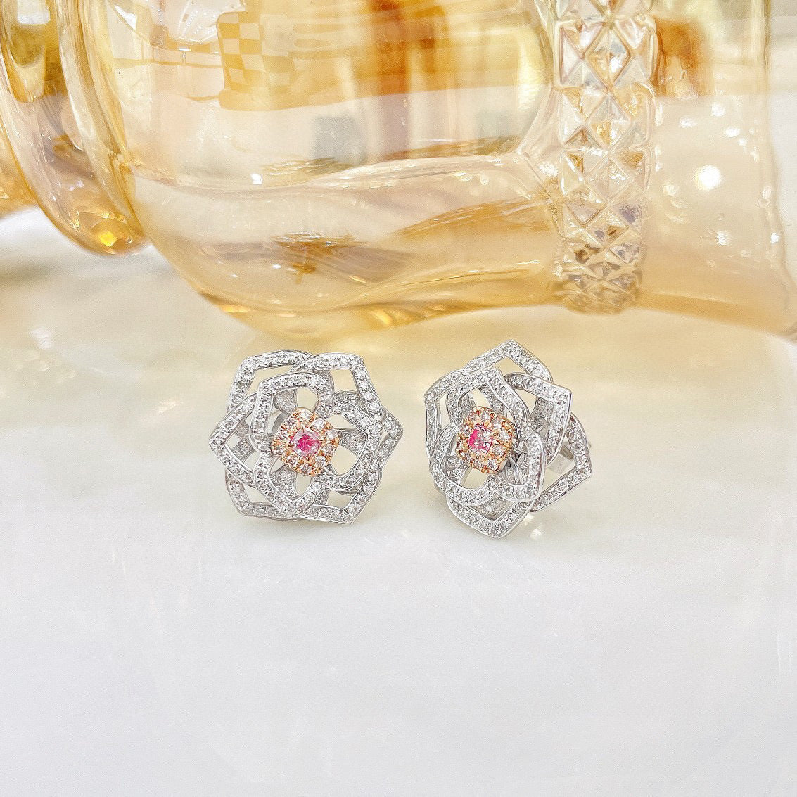 Vintage 18K Solid Gold Pink Diamond Rose Earrings