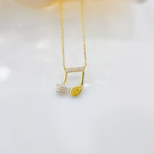 Dainty 18K Solid Gold Yellow Diamond Musical Note Pendant Necklace