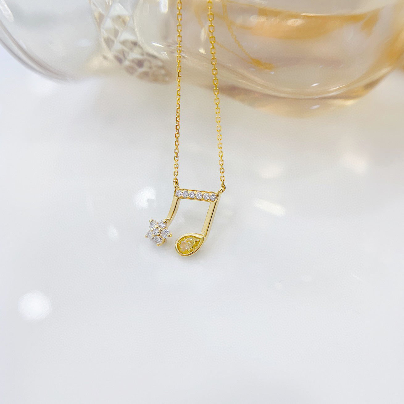 Dainty 18K Solid Gold Yellow Diamond Musical Note Pendant Necklace