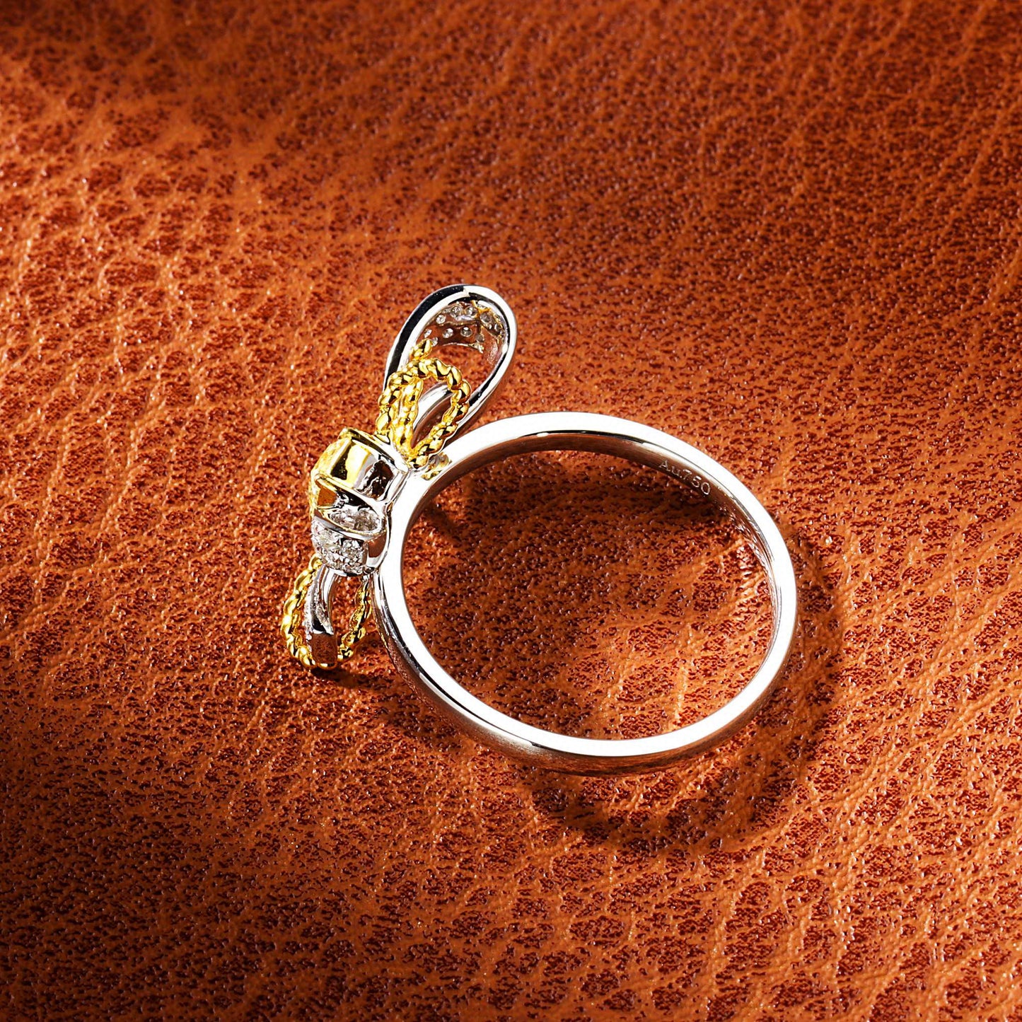 Vintage 18K Solid Gold Yellow Diamond Bow Ring, Wedding Ring