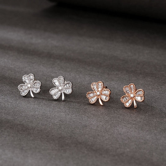 Minimalist 18K Solid gold Full Diamond Three Leaf Clover Stud Earrings