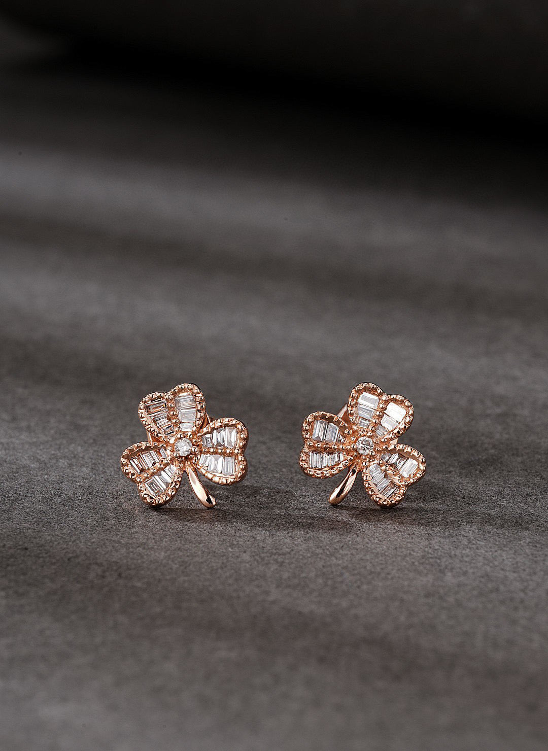 Minimalist 18K Solid gold Full Diamond Three Leaf Clover Stud Earrings