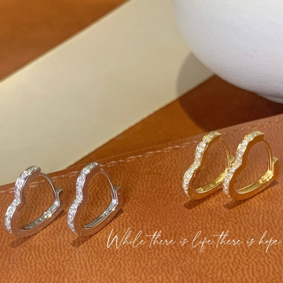 Sweet 18K Solid Gold Diamond Heart Hoop Earrings