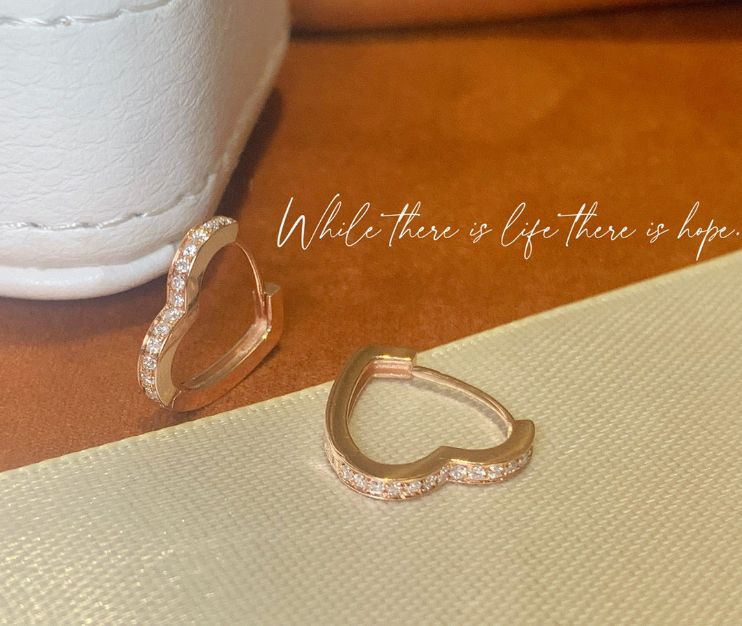 Sweet 18K Solid Gold Diamond Heart Hoop Earrings