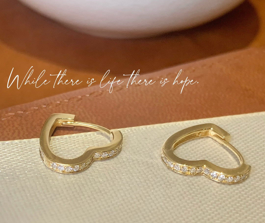 Sweet 18K Solid Gold Diamond Heart Hoop Earrings