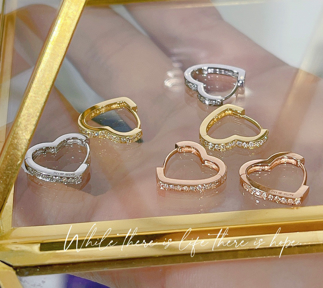 Sweet 18K Solid Gold Diamond Heart Hoop Earrings