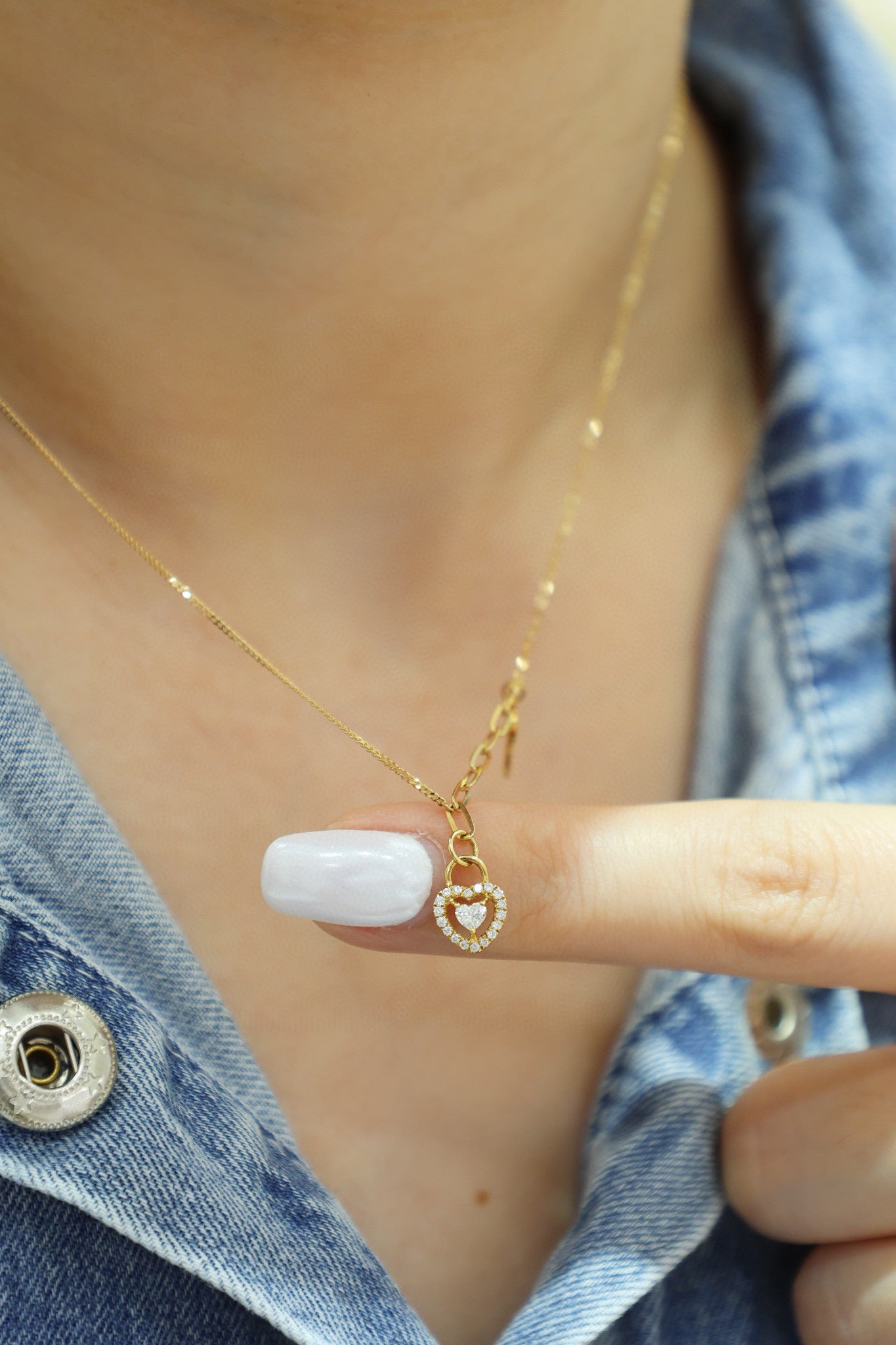 Vintage 18K Solid Gold Diamond Heart Lock and Key Pendant Necklace