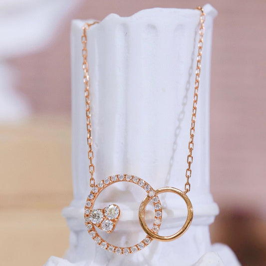 Classic 18K Solid Gold Diamond Two Circles Necklace