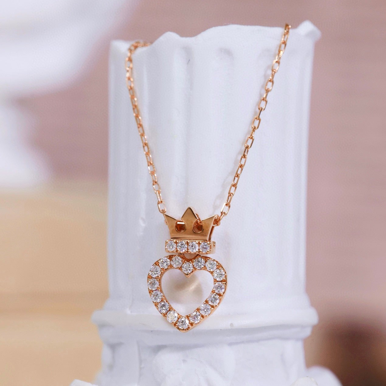 Vintage 18K Solid Gold Diamond Crown Heart Necklace