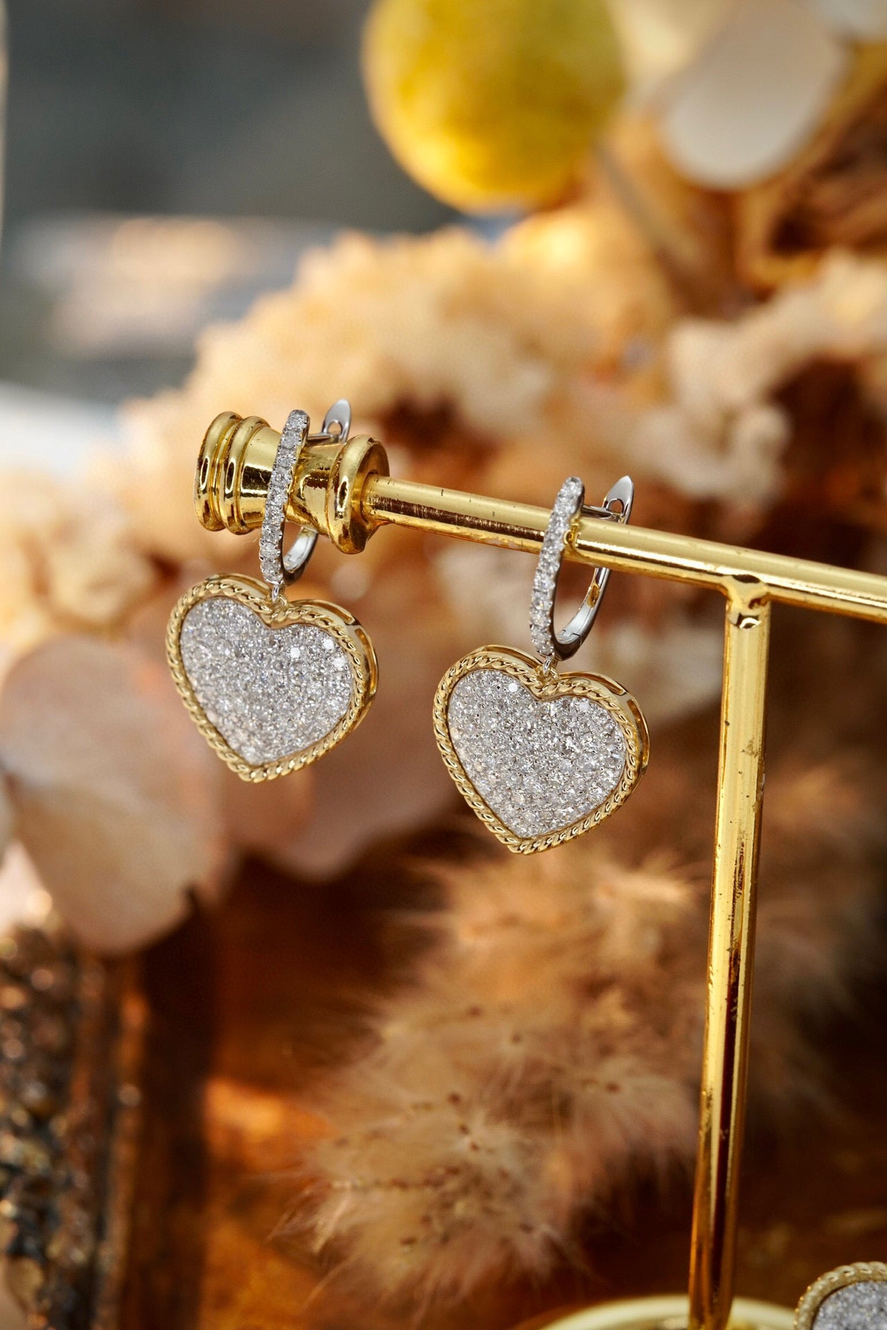 Vintage 18K Solid Gold Full Diamond Heart Hoop Earrings