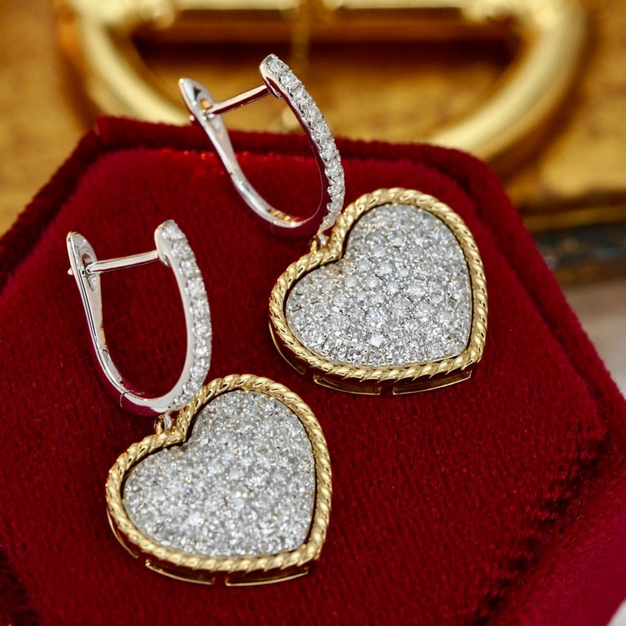 Vintage 18K Solid Gold Full Diamond Heart Hoop Earrings