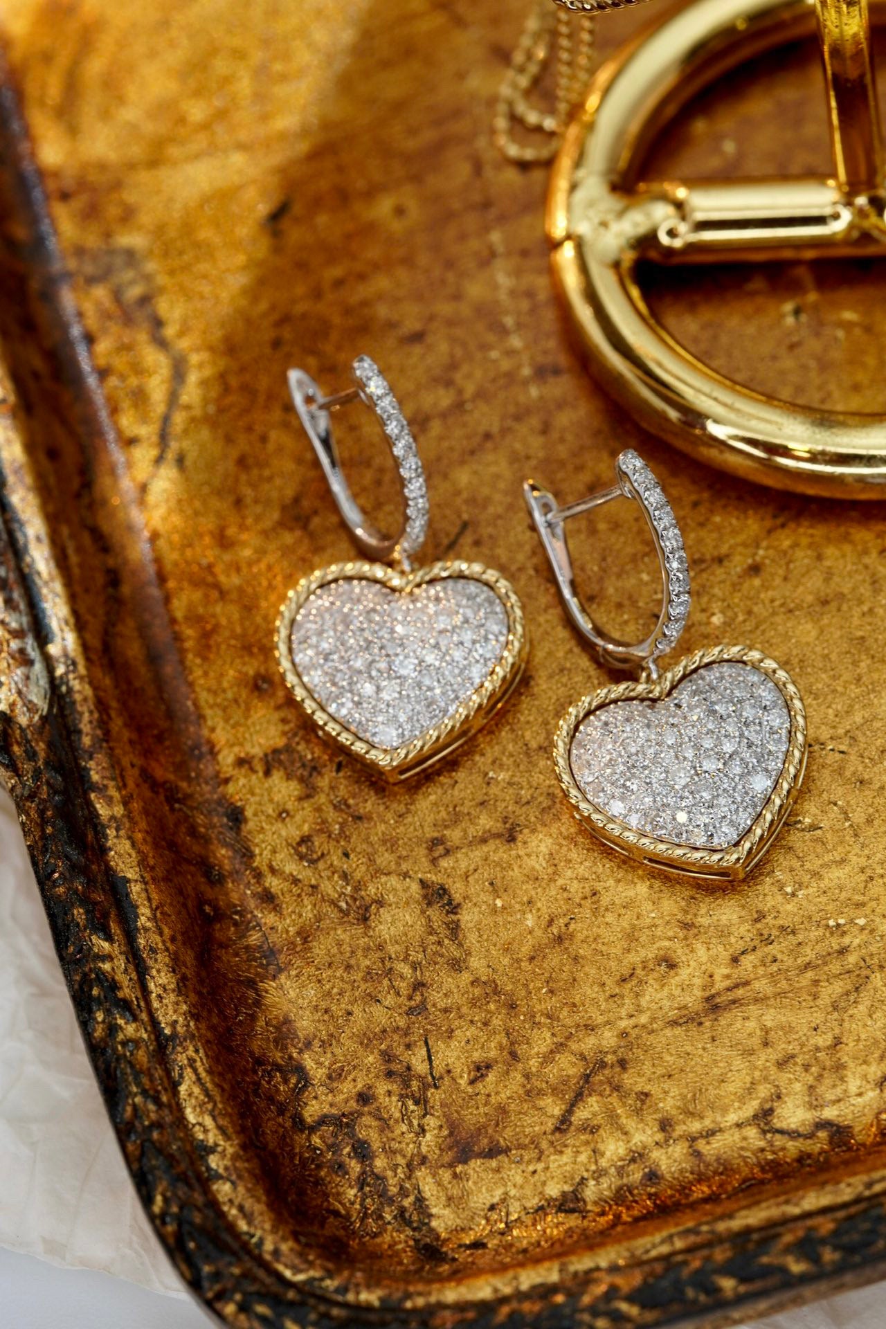 Vintage 18K Solid Gold Full Diamond Heart Hoop Earrings