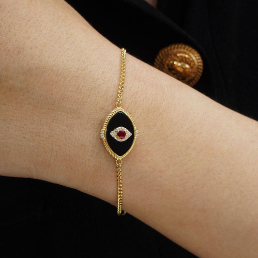 Vintage 18K Solid Gold Natural Ruby ,Diamond and Onyx Evil Eye Bracelet