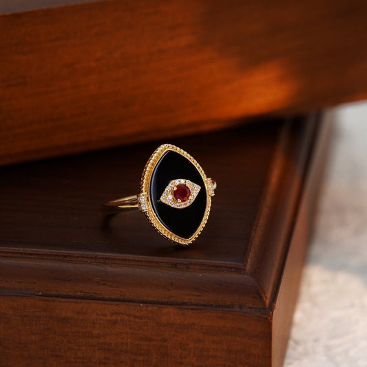 Vintage 18K Solid Gold Natural Ruby, Diamond, Onyx Evil Eyes Ring