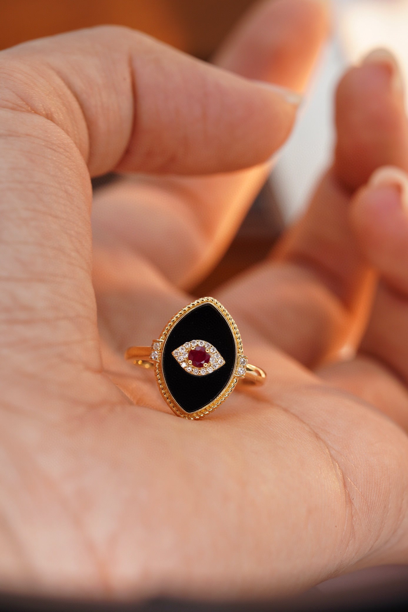 Vintage 18K Solid Gold Natural Ruby, Diamond, Onyx Evil Eyes Ring