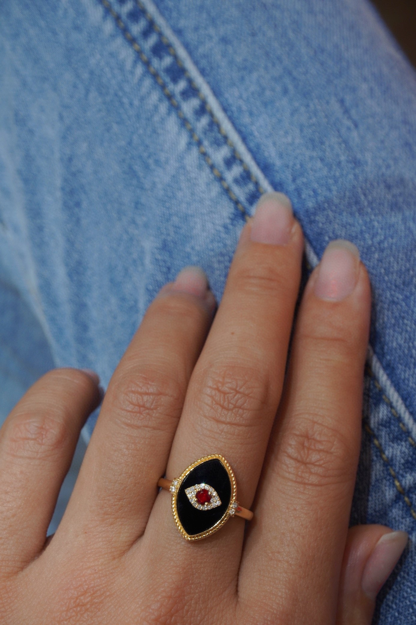 Vintage 18K Solid Gold Natural Ruby, Diamond, Onyx Evil Eyes Ring