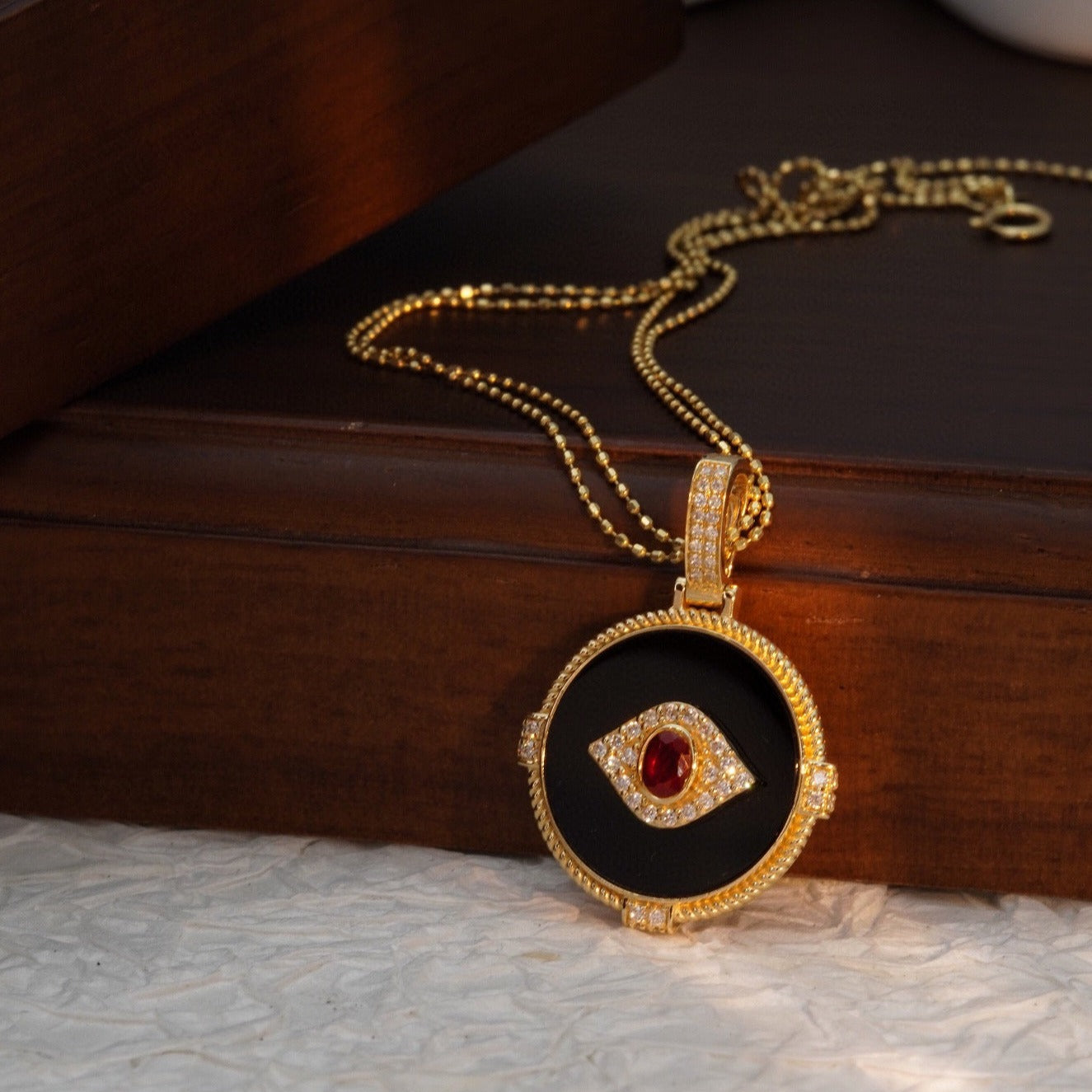 Vintage 18K Solid Gold Evil Eye Pendant with Natural Ruby , Diamond, Onyx