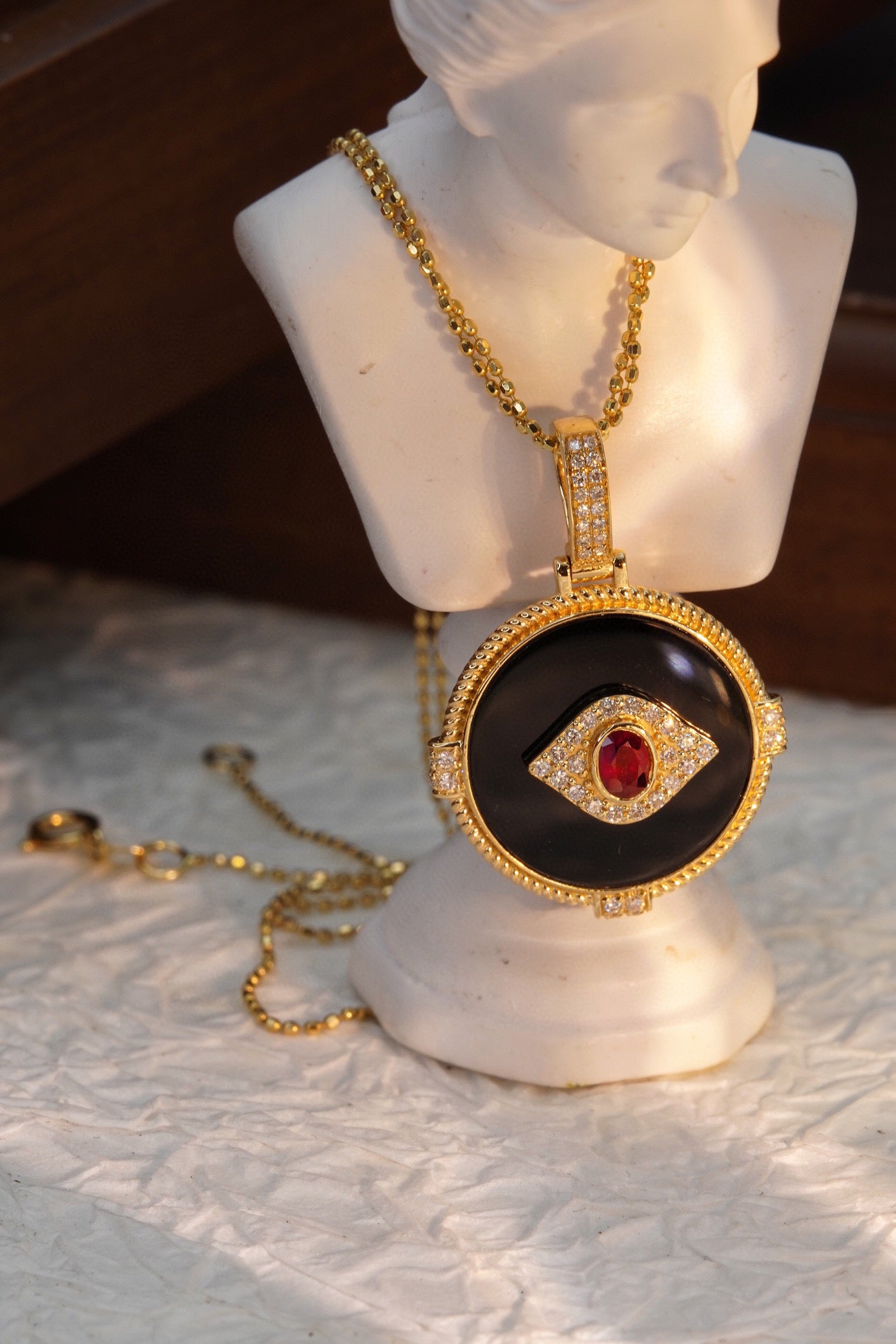 Vintage 18K Solid Gold Evil Eye Pendant with Natural Ruby , Diamond, Onyx