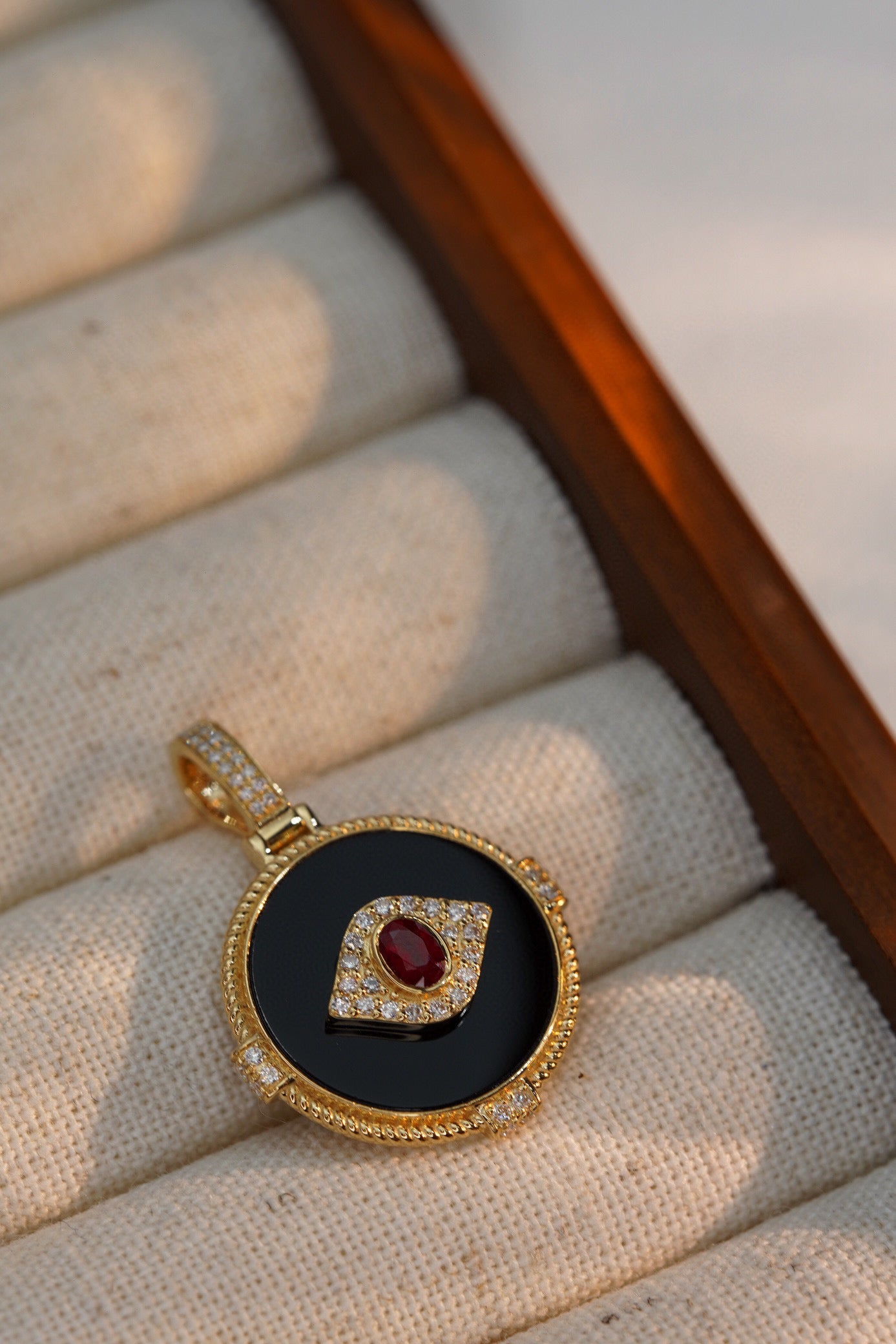 Vintage 18K Solid Gold Evil Eye Pendant with Natural Ruby , Diamond, Onyx