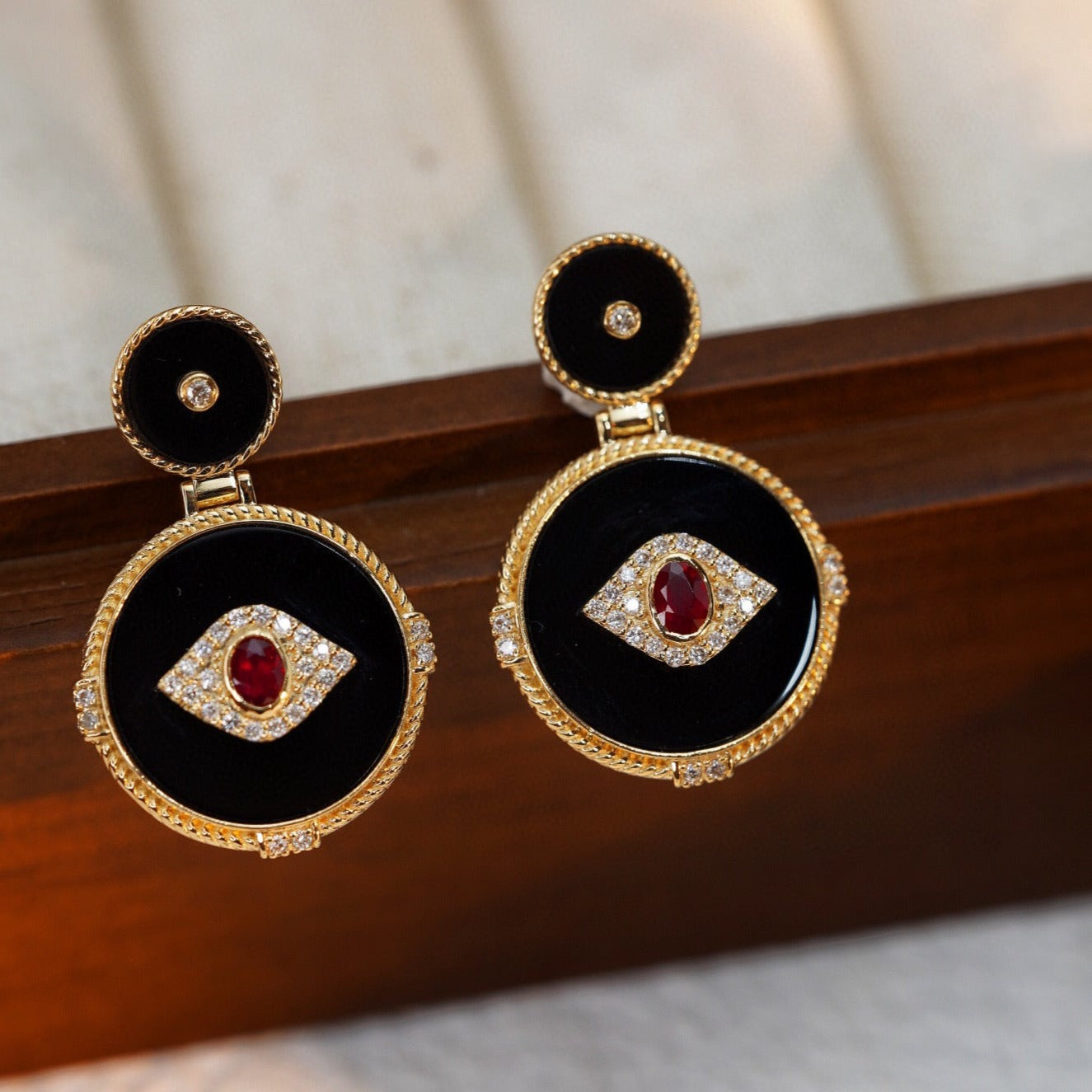 Vintage Evil Eye Dangle Hoop Earrings with Natural Ruby, Diamond, Onyx