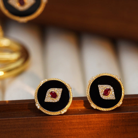 Vintage 18K Solid Gold Evil Eye Stud Earrings with Natural Ruby, Diamond , Onyx