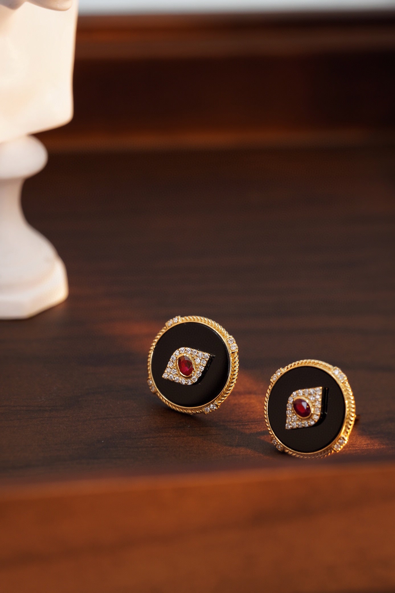 Vintage 18K Solid Gold Evil Eye Stud Earrings with Natural Ruby, Diamond , Onyx