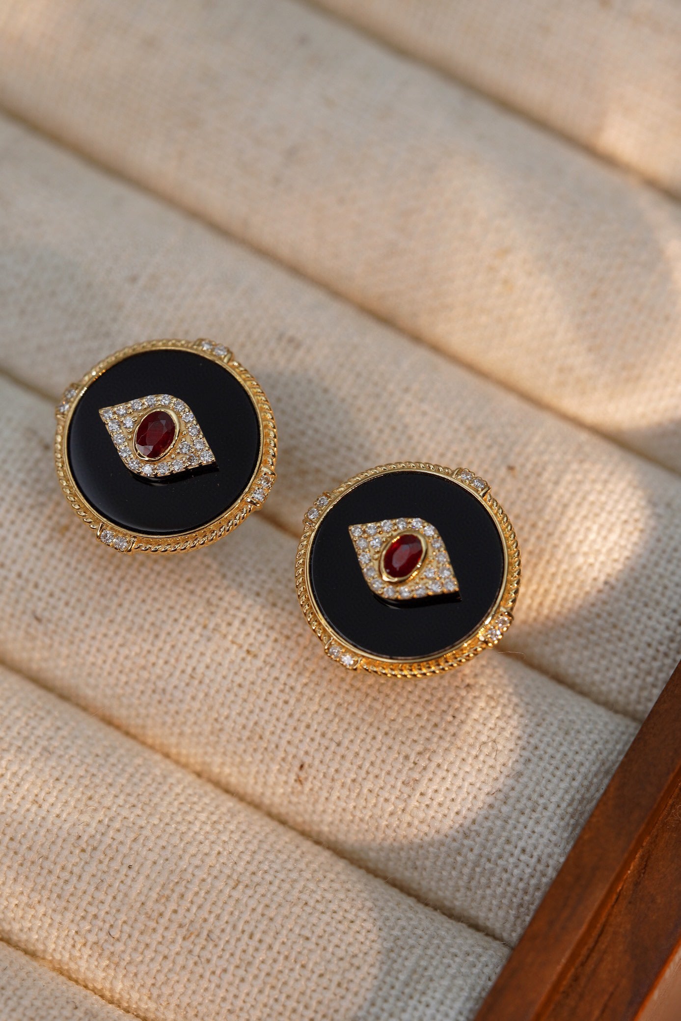 Vintage 18K Solid Gold Evil Eye Stud Earrings with Natural Ruby, Diamond , Onyx