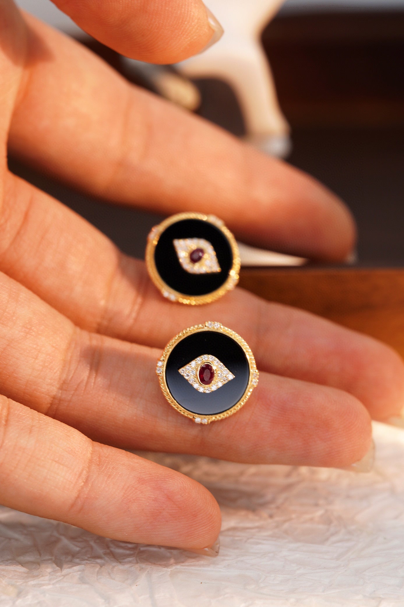 Vintage 18K Solid Gold Evil Eye Stud Earrings with Natural Ruby, Diamond , Onyx