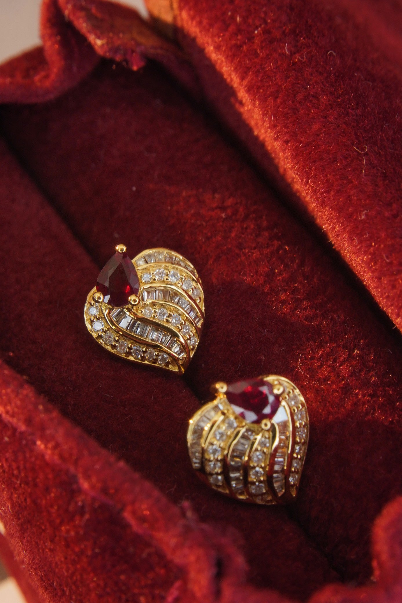 Vintage 18K Solid Gold Diamond and Ruby Heart  Earrings, Full Diamond Earrings