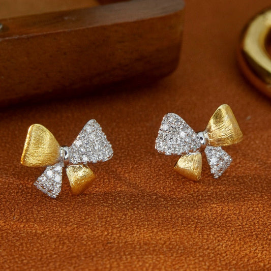 Sweet 18K Solid Gold Diamond Bow Stud Earrings