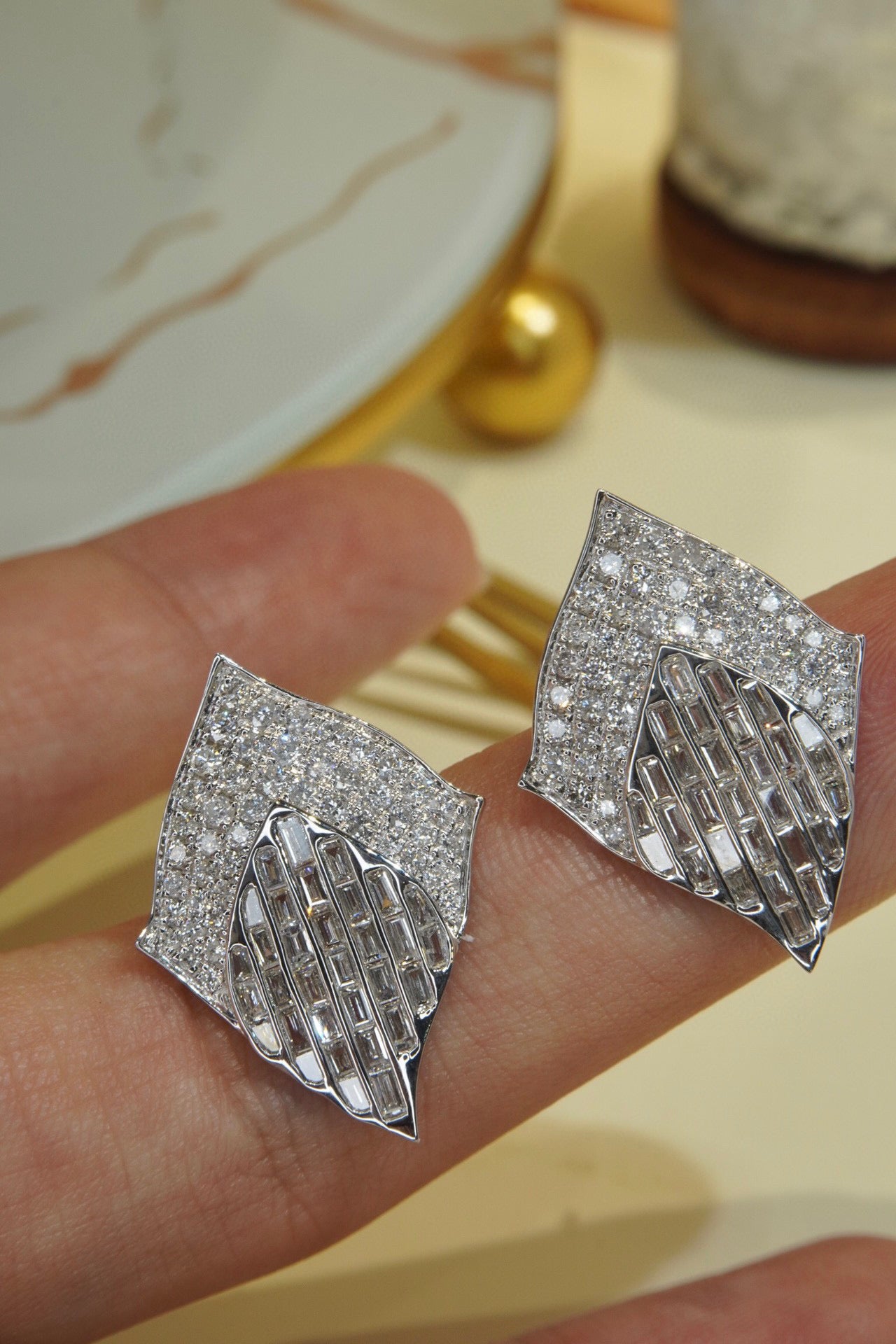 Fancy Full Diamond 18K Solid Gold Earrings, Wedding Earrings