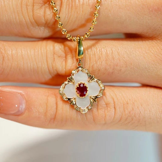 Vintage 18K Solid Gold Genuine Ruby Diamond Pendant/Genuine Ruby diamond clover pendant/Real Ruby pendant/Wedding ,engagement /Gift for her