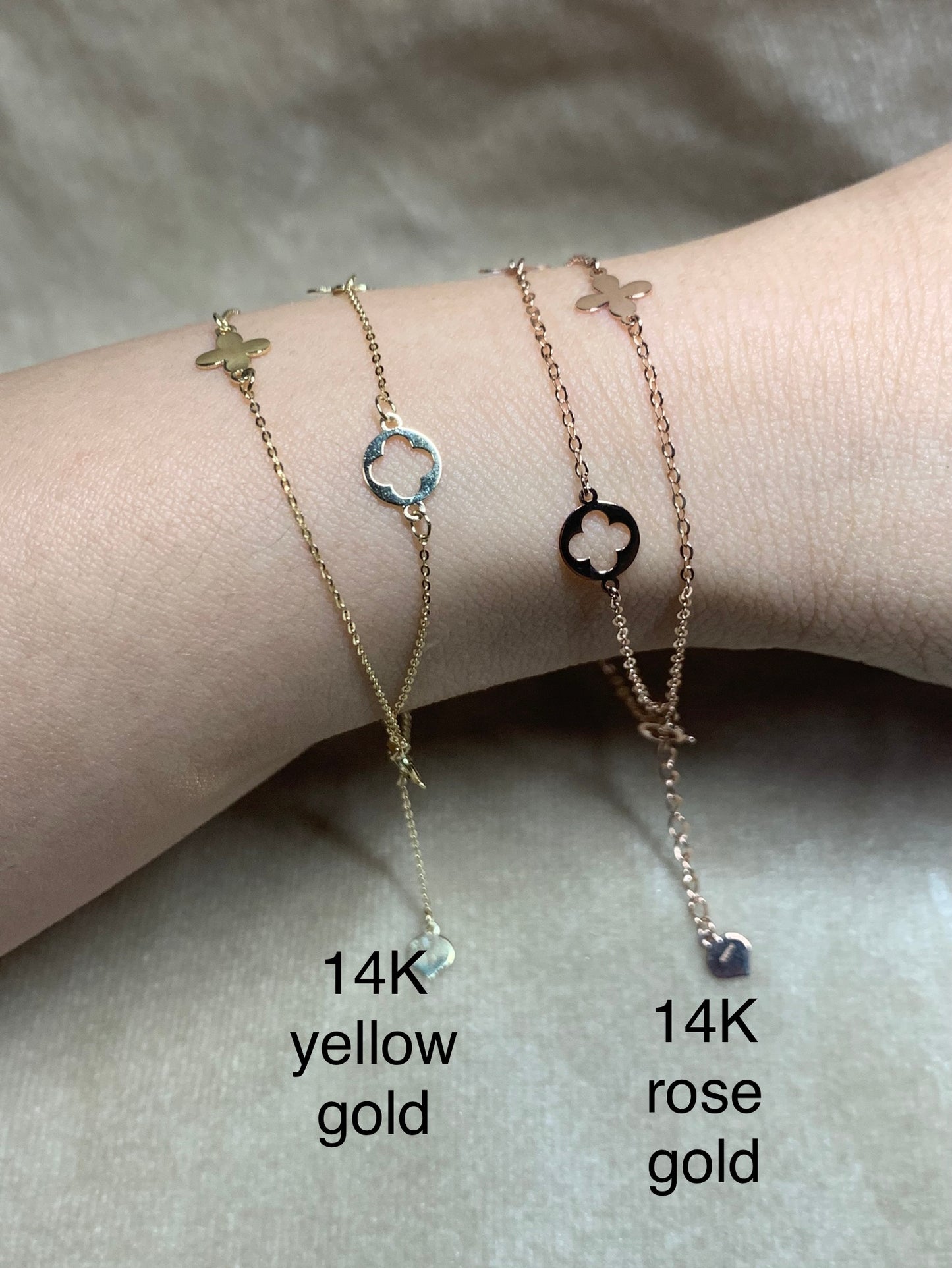 14K solid two row adjustable Bracelet/solid K gold clover flower Bracelet/charm bracelet/Anniversary,birthday gift for her/ready to ship