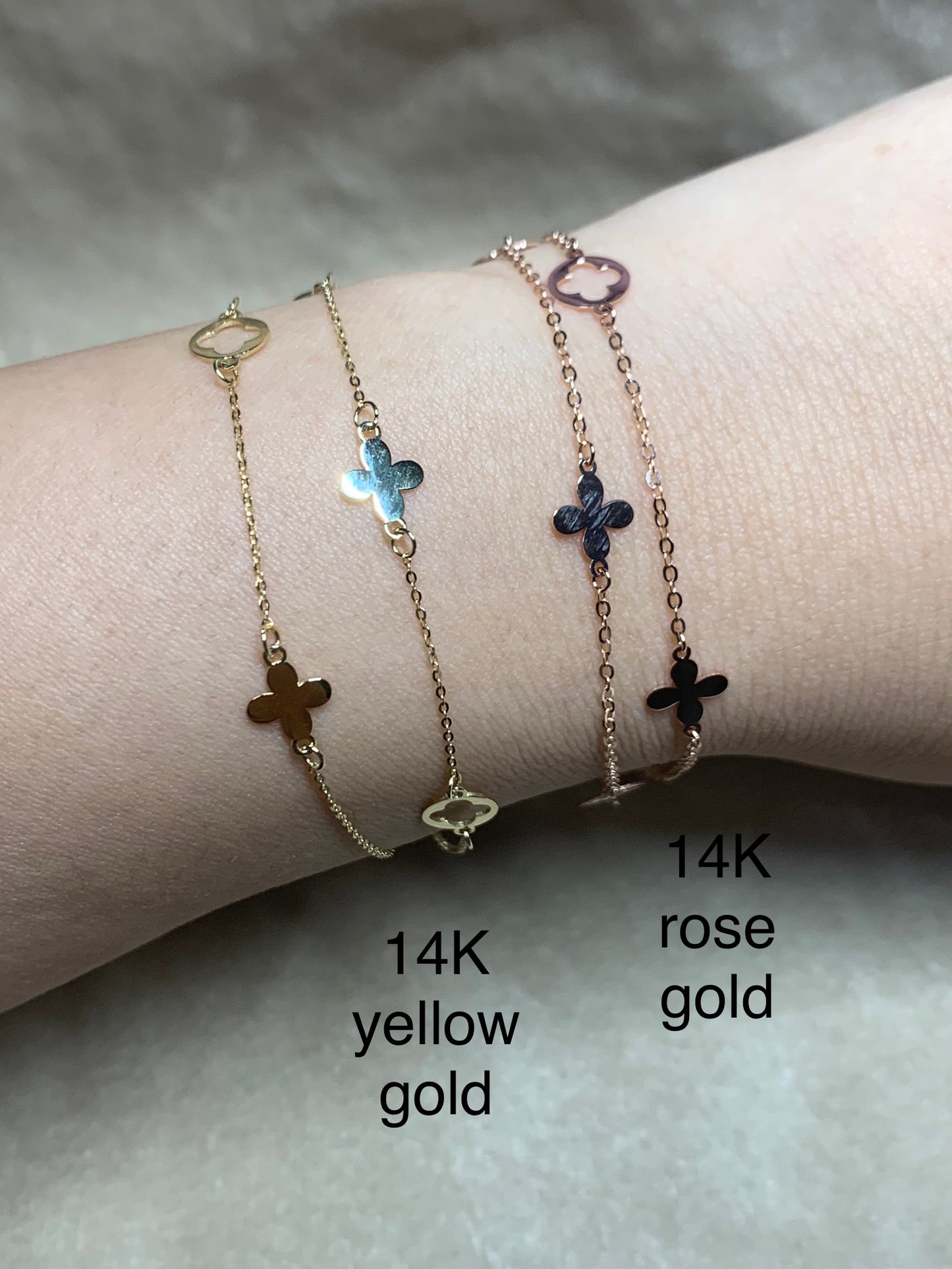 14K solid two row adjustable Bracelet/solid K gold clover flower Bracelet/charm bracelet/Anniversary,birthday gift for her/ready to ship