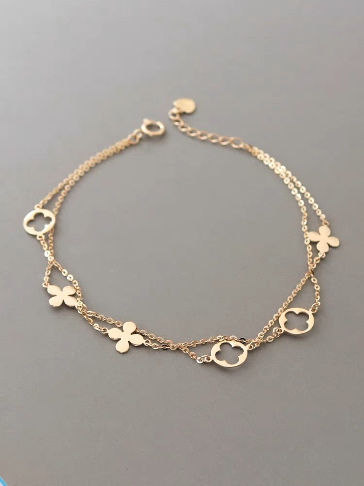 14K solid two row adjustable Bracelet/solid K gold clover flower Bracelet/charm bracelet/Anniversary,birthday gift for her/ready to ship