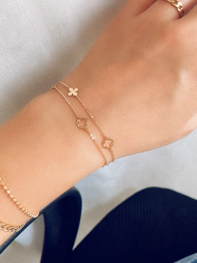 14K solid two row adjustable Bracelet/solid K gold clover flower Bracelet/charm bracelet/Anniversary,birthday gift for her/ready to ship