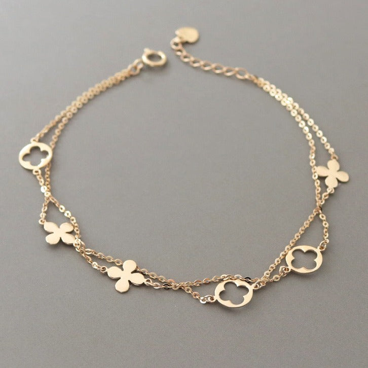 14K solid two row adjustable Bracelet/solid K gold clover flower Bracelet/charm bracelet/Anniversary,birthday gift for her/ready to ship