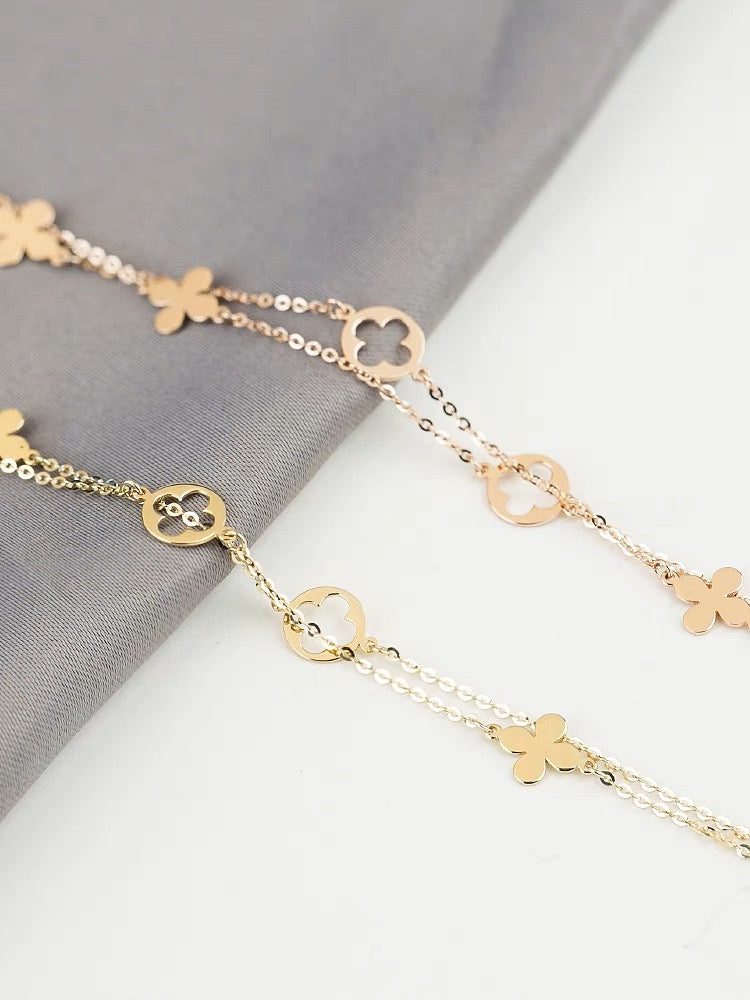 14K solid two row adjustable Bracelet/solid K gold clover flower Bracelet/charm bracelet/Anniversary,birthday gift for her/ready to ship