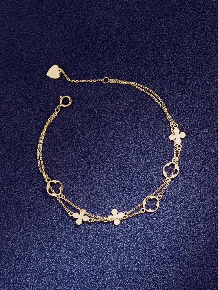 14K solid two row adjustable Bracelet/solid K gold clover flower Bracelet/charm bracelet/Anniversary,birthday gift for her/ready to ship