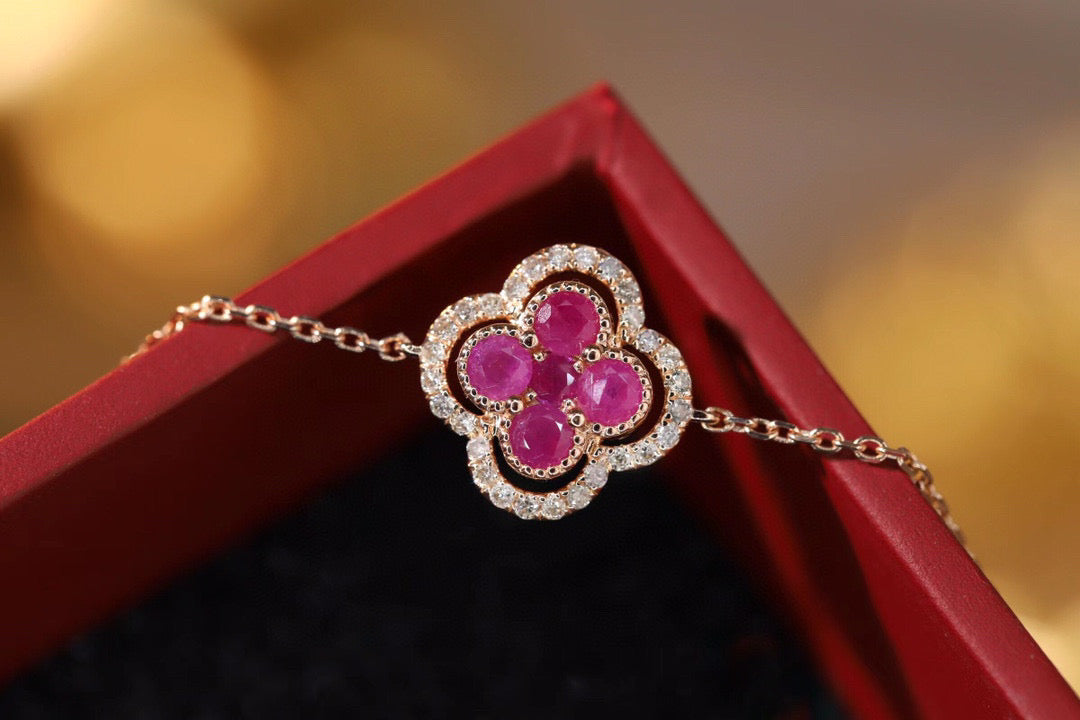 18K Solid Gold Genuine Ruby Diamond  Clover Bracelet/Dainty Four leaf clover Adjustable Bracelet/wedding,Anniversary Jewelry/ gift for her