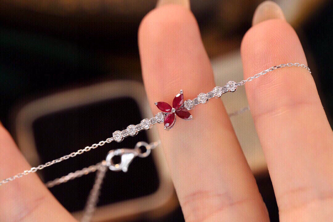 18K Solid Gold Genuine Clover Ruby Diamond Bracelet/Dainty Four leaf clover Adjustable Bracelet/wedding,Anniversary Jewelry/ gift for her