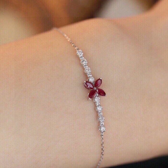 18K Solid Gold Genuine Clover Ruby Diamond Bracelet/Dainty Four leaf clover Adjustable Bracelet/wedding,Anniversary Jewelry/ gift for her