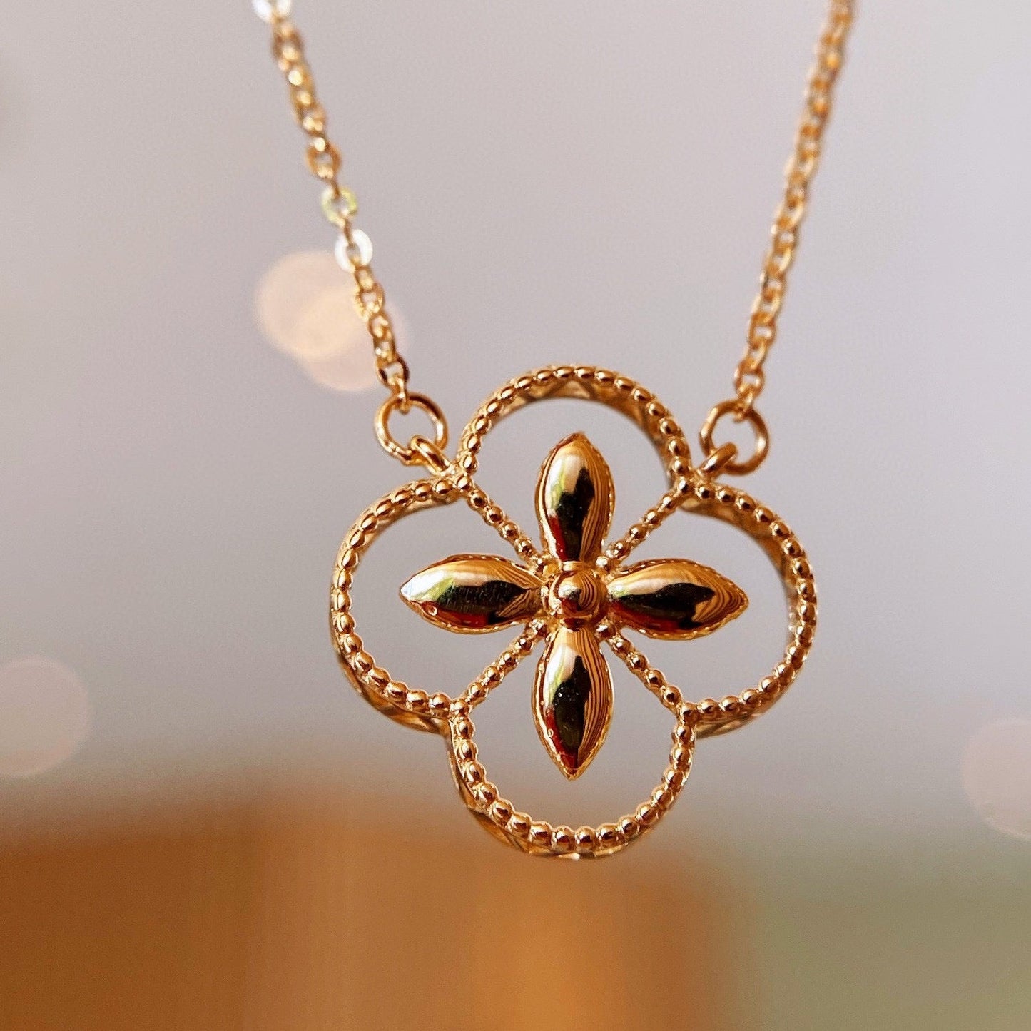 Art Deco 18K solid gold Lucky clover Necklace/Genuine 18K gold necklace/Four leaf flower Necklace/gift for her/K gold necklace