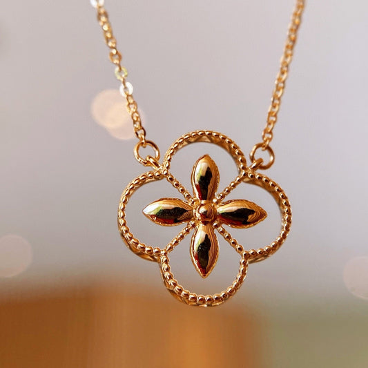 Art Deco 18K solid gold Lucky clover Necklace/Genuine 18K gold necklace/Four leaf flower Necklace/gift for her/K gold necklace