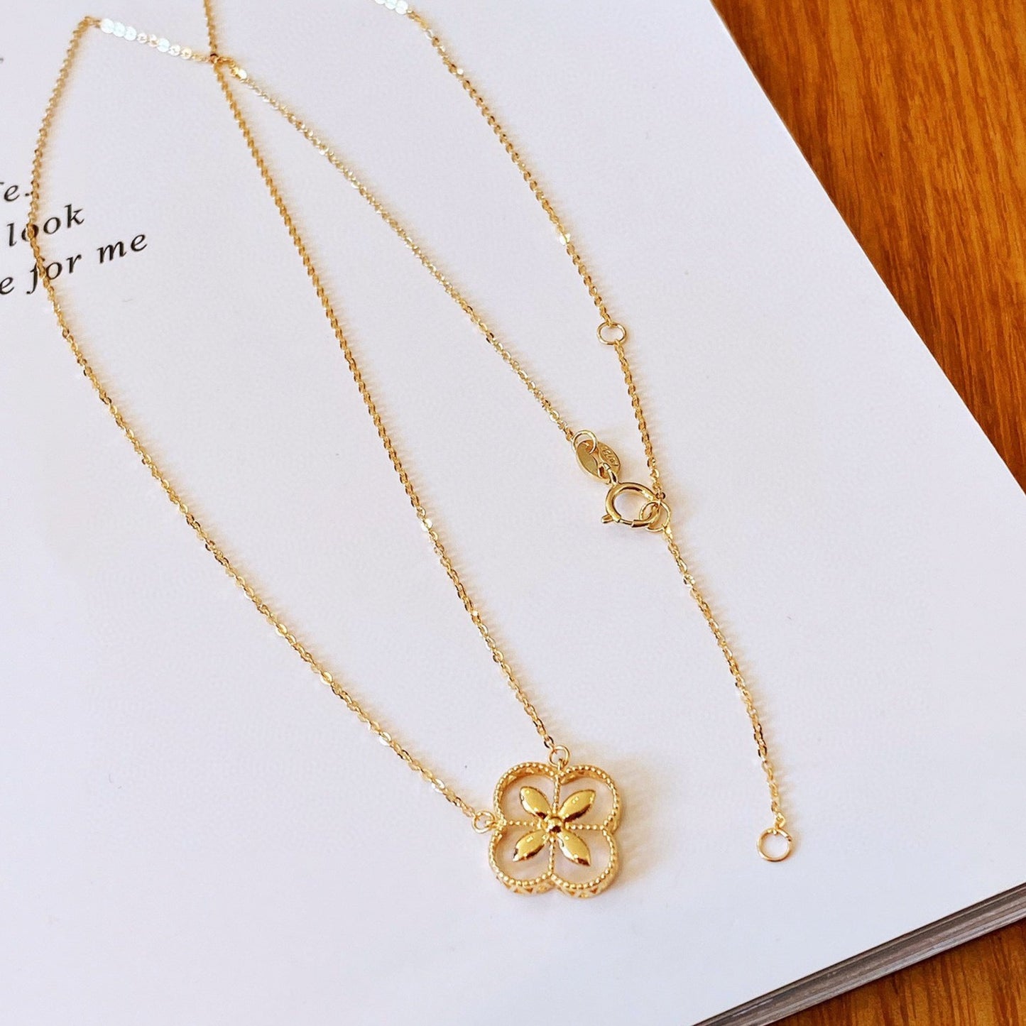 Art Deco 18K solid gold Lucky clover Necklace/Genuine 18K gold necklace/Four leaf flower Necklace/gift for her/K gold necklace