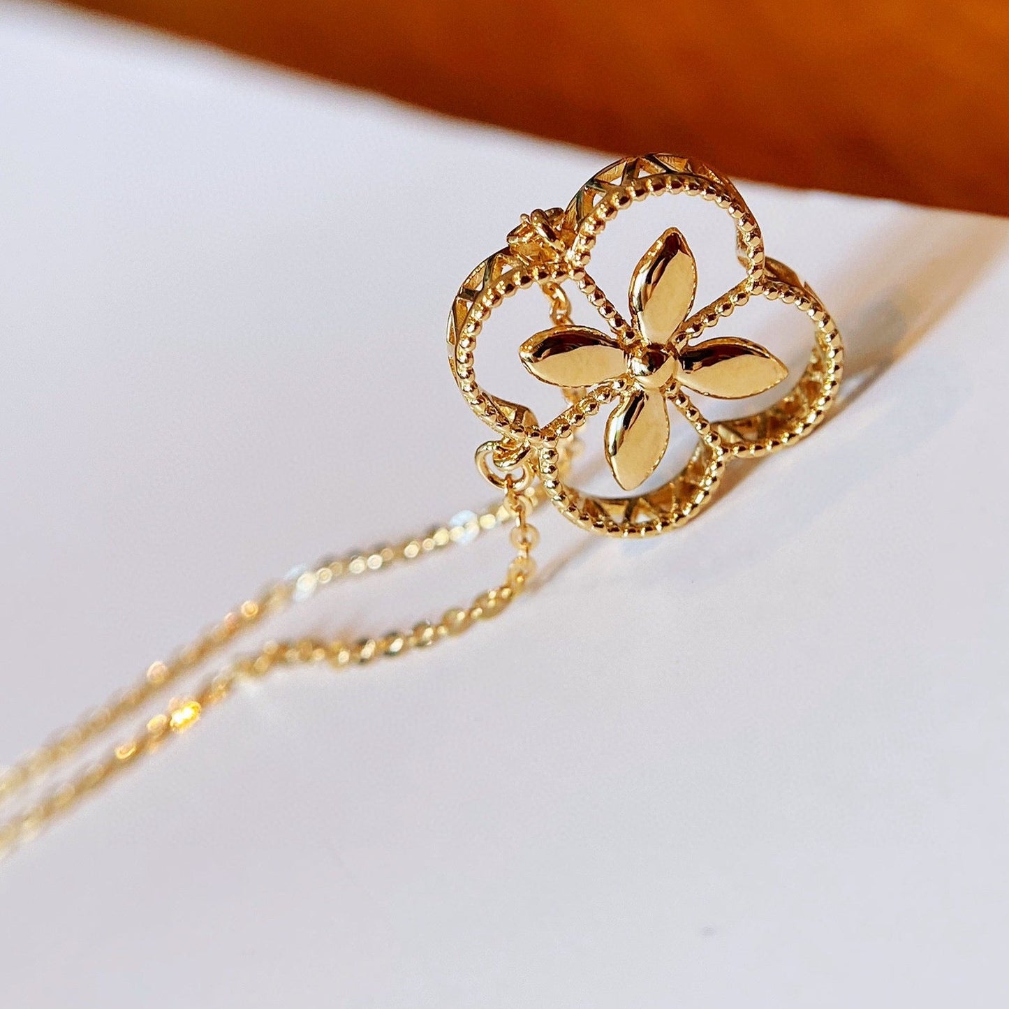 Art Deco 18K solid gold Lucky clover Necklace/Genuine 18K gold necklace/Four leaf flower Necklace/gift for her/K gold necklace