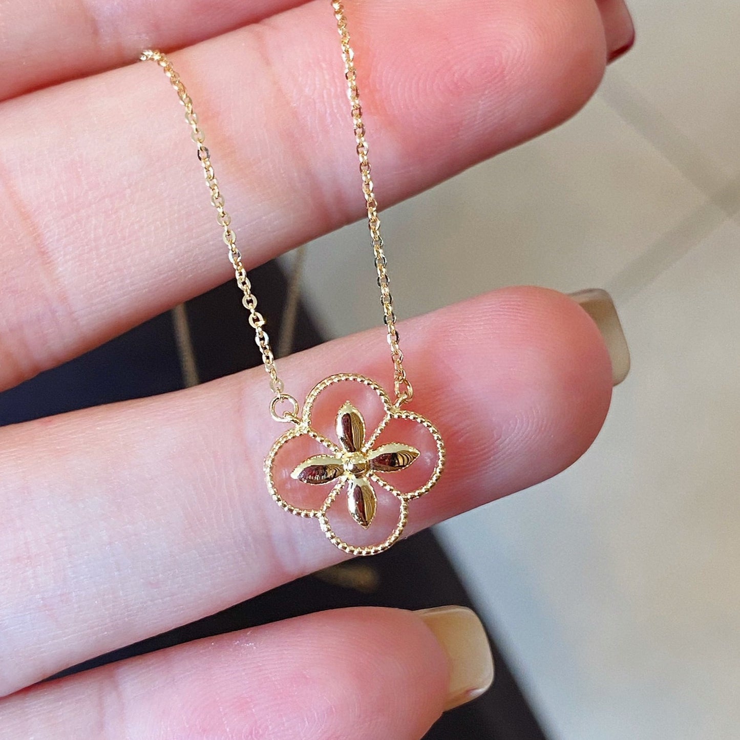 Art Deco 18K solid gold Lucky clover Necklace/Genuine 18K gold necklace/Four leaf flower Necklace/gift for her/K gold necklace