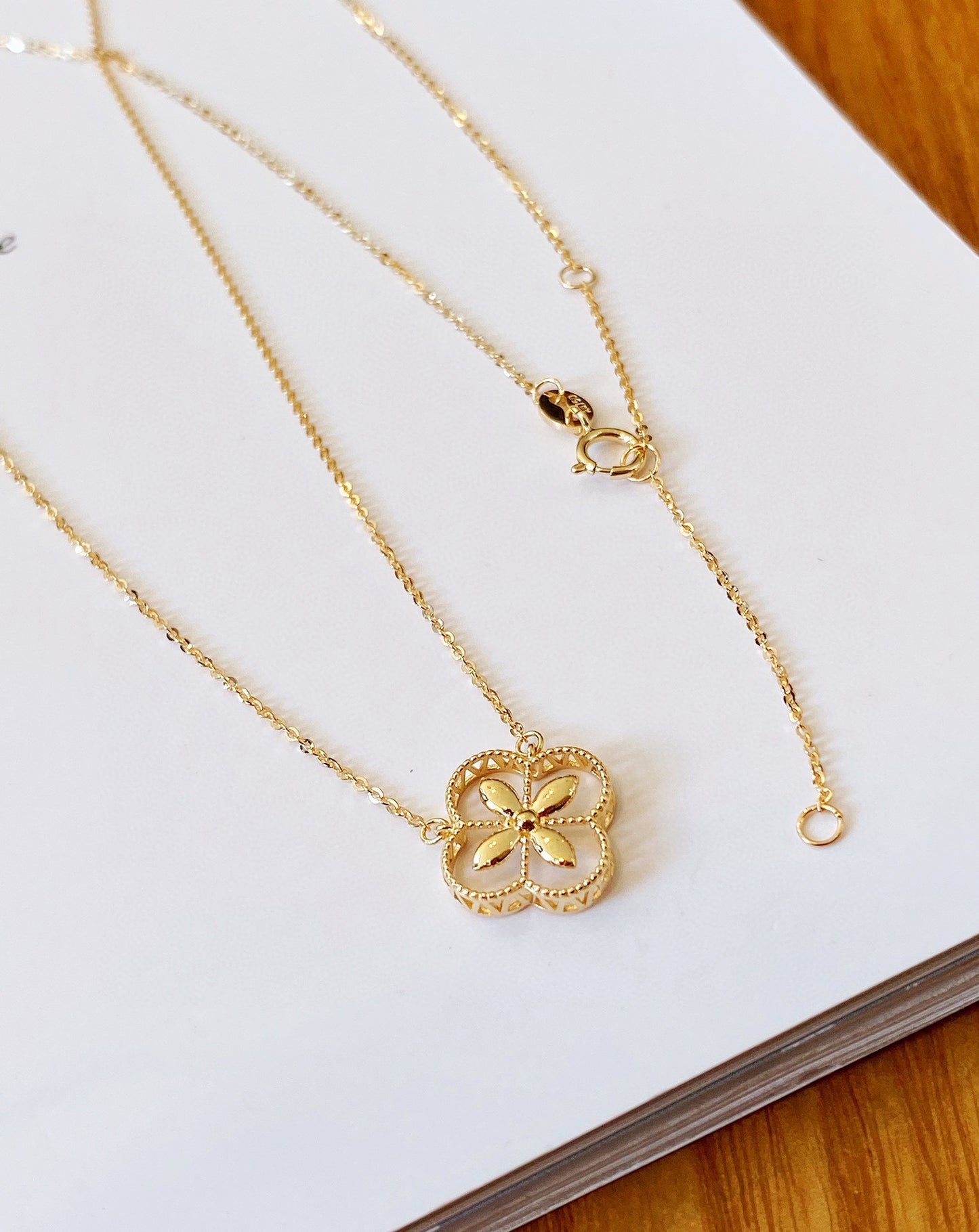 Art Deco 18K solid gold Lucky clover Necklace/Genuine 18K gold necklace/Four leaf flower Necklace/gift for her/K gold necklace