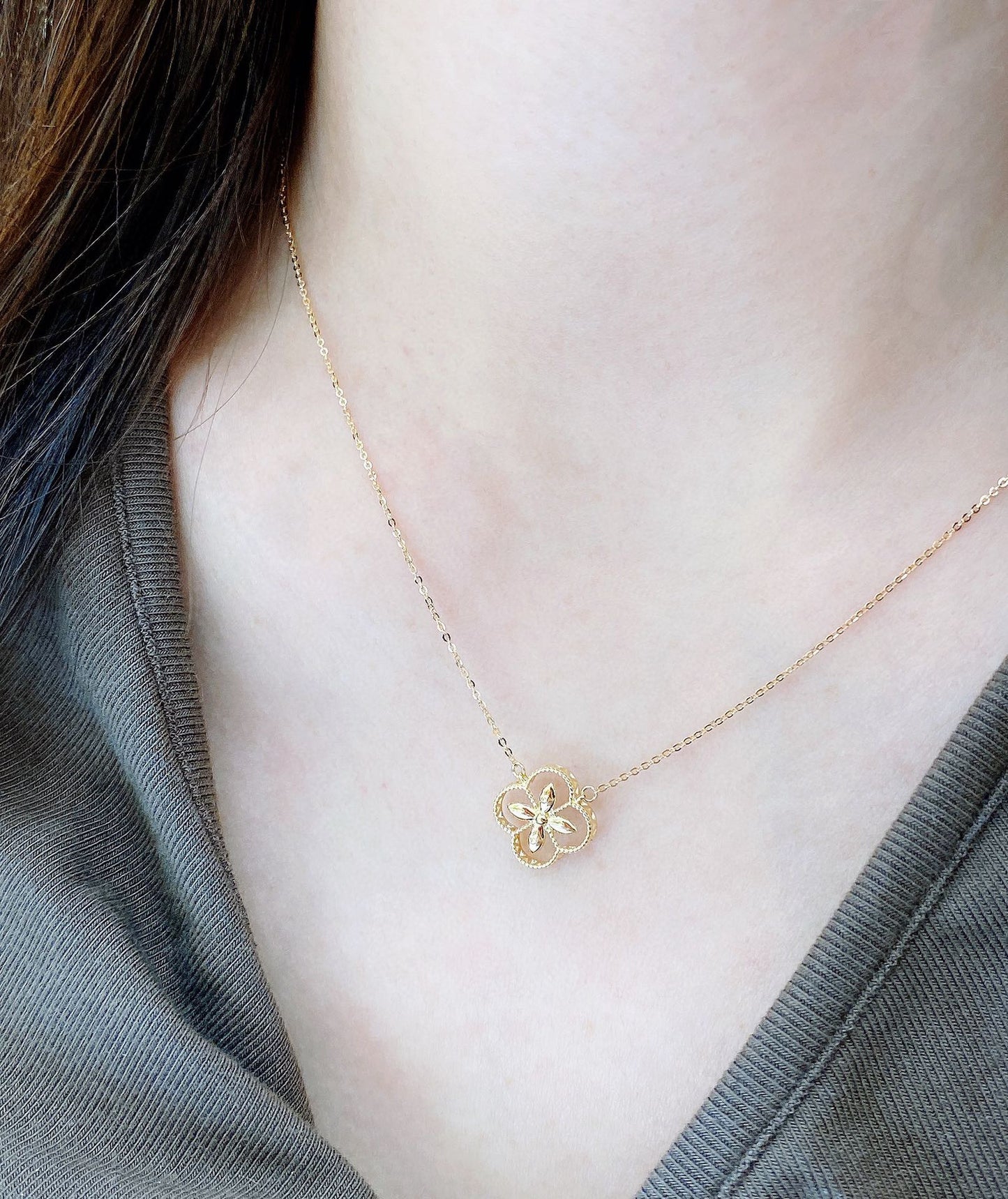 Art Deco 18K solid gold Lucky clover Necklace/Genuine 18K gold necklace/Four leaf flower Necklace/gift for her/K gold necklace